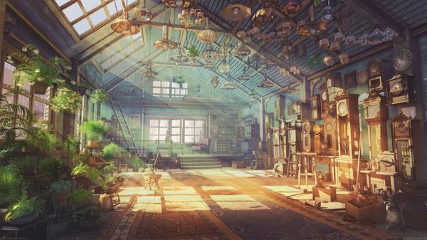 イラスト 2000x1125 と オリジナル arsenixc highres wide image indoors sunlight 影 no people sunbeam 植物 窓 本 椅子 机 果物 時計 ランタン 階段 電線 ランプ