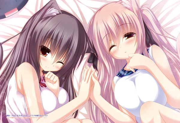 Anime picture 2808x1920 with original shia flatpaddy mia flatpaddy syroh long hair blush highres light erotic black hair red eyes wide image bare shoulders multiple girls animal ears pink hair tail animal tail one eye closed wink cat ears