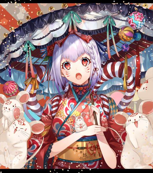 Anime picture 882x1000 with original mou (mooooow) single tall image looking at viewer fringe short hair open mouth red eyes silver hair upper body braid (braids) traditional clothes head tilt japanese clothes facial mark side braid new year whisker markings girl