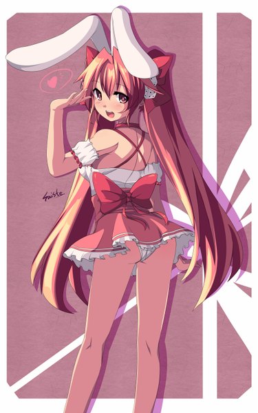 Anime picture 937x1500 with di gi charat madhouse usada hikaru rabi en rose saiste single long hair tall image blush open mouth light erotic red eyes twintails animal ears red hair from behind bunny ears girl dress underwear