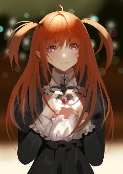 Anime picture 620x876 with original lloule single long hair tall image blush fringe hair between eyes looking away upper body ahoge nail polish pink eyes light smile pointy ears orange hair fang (fangs) two side up black nail polish vampire
