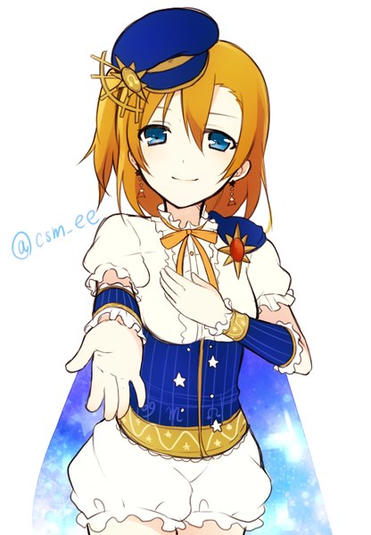 Anime picture 594x855 with love live! school idol project sunrise (studio) love live! kousaka honoka chisumi single tall image looking at viewer short hair blue eyes smile signed orange hair one side up outstretched hand girl earrings beret knickers