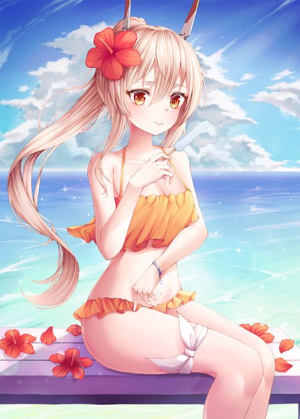 Anime picture 1000x1395 with azur lane ayanami (azur lane) doroshi single long hair tall image looking at viewer blush fringe breasts blonde hair smile hair between eyes red eyes sitting bare shoulders holding payot sky cloud (clouds)