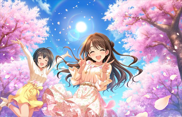Anime picture 1280x824 with idolmaster idolmaster cinderella girls shimamura uzuki kohinata miho long hair blush short hair open mouth black hair smile brown hair multiple girls sky cloud (clouds) ahoge outdoors eyes closed arms up one side up cherry blossoms