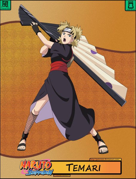 Anime picture 1900x2500 with naruto studio pierrot naruto (series) temari (naruto) single tall image looking at viewer highres short hair open mouth blonde hair standing green eyes ponytail inscription quad tails girl fingerless gloves fan bandana
