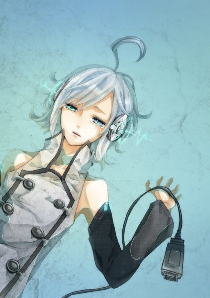 Anime picture 1100x1559 with vocaloid utatane piko pipipiosuke single tall image short hair bare shoulders ahoge lying grey hair tears heterochromia crying boy detached sleeves water headphones usb