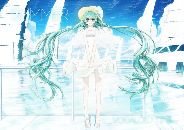 Anime picture 1440x1018 with vocaloid hatsune miku jjwww love single long hair looking at viewer fringe smile standing twintails bare shoulders full body outdoors aqua eyes aqua hair girl hat water sundress straw hat