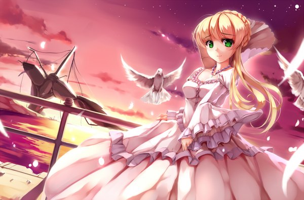 Anime picture 1669x1100 with aldnoah.zero a-1 pictures asseylum vers allusia yumemi (kiowa) single long hair looking at viewer blonde hair green eyes sky cloud (clouds) evening sunset girl dress animal bird (birds) pendant pigeon