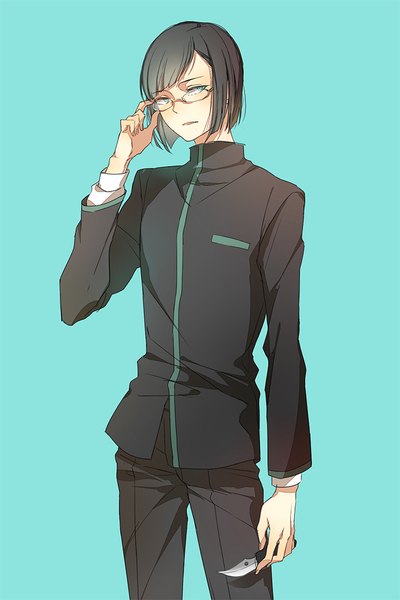 Anime picture 690x1035 with osomatsu-san matsuno choromatsu eyokiki single tall image fringe short hair black hair simple background standing looking away parted lips aqua eyes adjusting glasses aqua background boy uniform school uniform glasses knife