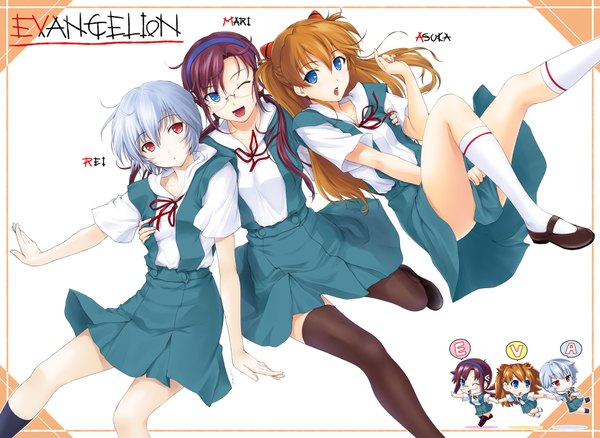 Anime picture 1872x1368 with neon genesis evangelion rebuild of evangelion evangelion: 2.0 you can (not) advance evangelion: 3.0 you can (not) redo end of evangelion gainax soryu asuka langley ayanami rei shikinami asuka langley makinami mari illustrious long hair looking at viewer fringe highres short hair open mouth blue eyes smile red eyes sitting