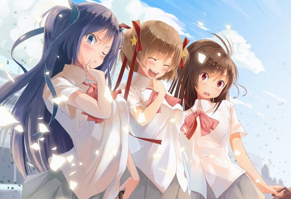 Anime picture 1200x825 with little busters! key (studio) natsume rin kamikita komari kurugaya yuiko yae (mono110) long hair blush short hair open mouth blue eyes black hair red eyes brown hair multiple girls eyes closed one eye closed wink two side up girl