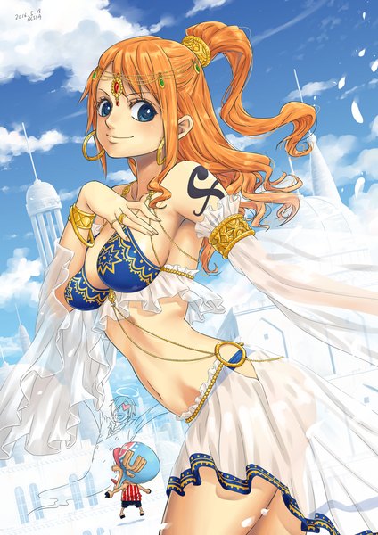 Anime picture 827x1169 with one piece toei animation nami (one piece) sanji tony tony chopper alsea long hair tall image looking at viewer blush fringe breasts open mouth blue eyes light erotic smile large breasts standing bare shoulders signed