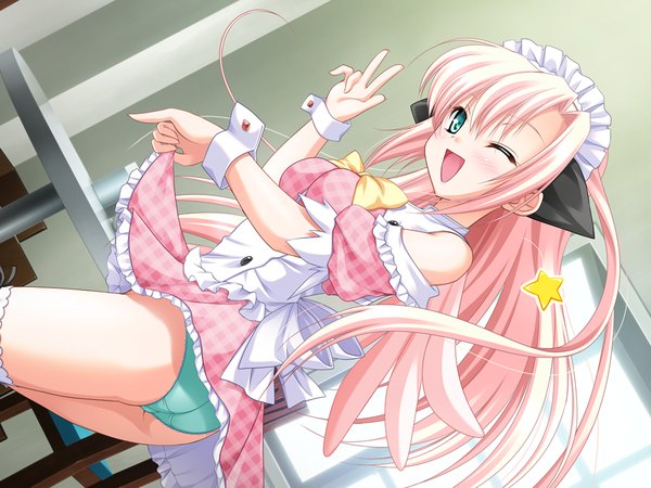 Anime picture 1200x900 with natsuiro penguin light erotic green eyes pink hair game cg maid pantyshot waitress girl