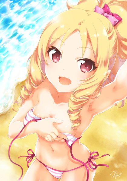 Anime-Bild 700x1000 mit eromanga sensei a-1 pictures yamada elf yano takumi single long hair tall image looking at viewer blush breasts open mouth light erotic blonde hair smile standing brown eyes signed :d arm up from above