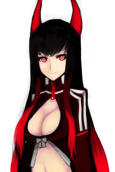 Anime picture 1200x1800 with black rock shooter black gold saw single long hair tall image looking at viewer breasts light erotic black hair simple background smile red eyes large breasts white background cleavage red hair horn (horns) open clothes no bra open jacket