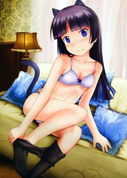 Anime picture 1415x1984 with ore no imouto ga konna ni kawaii wake ga nai gokou ruri edogawakid single long hair tall image looking at viewer blush blue eyes light erotic animal ears purple hair tail animal tail cat ears scan cat girl cat tail underwear only girl