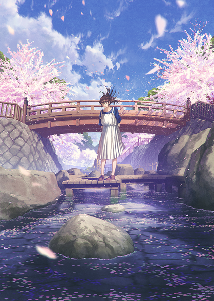 Anime picture 895x1261 with original mocha (cotton) single long hair tall image fringe smile brown hair standing sky cloud (clouds) full body eyes closed wind cherry blossoms hands behind back scenic river rock architecture