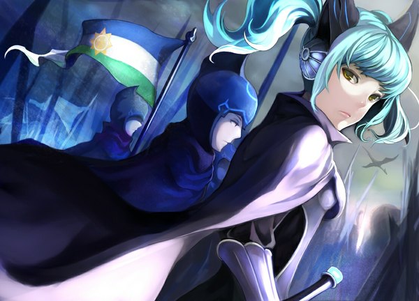 Anime picture 1109x800 with cardfight!! vanguard darkness maiden macha hutu electron long hair looking at viewer fringe twintails green eyes sky aqua hair fantasy army girl boy weapon armor cape dragon flag