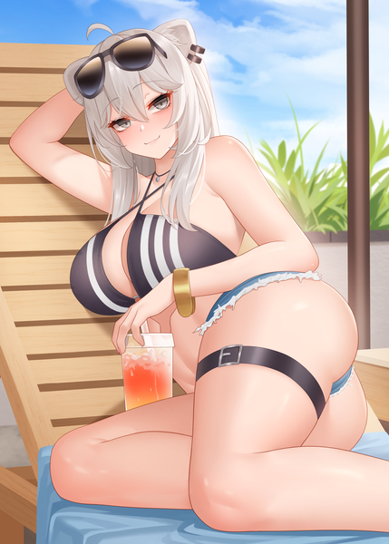 Anime picture 2220x3106 with virtual youtuber hololive shishiro botan wei xiao single long hair tall image looking at viewer fringe highres breasts light erotic smile hair between eyes sky cloud (clouds) ahoge ass arm up grey hair