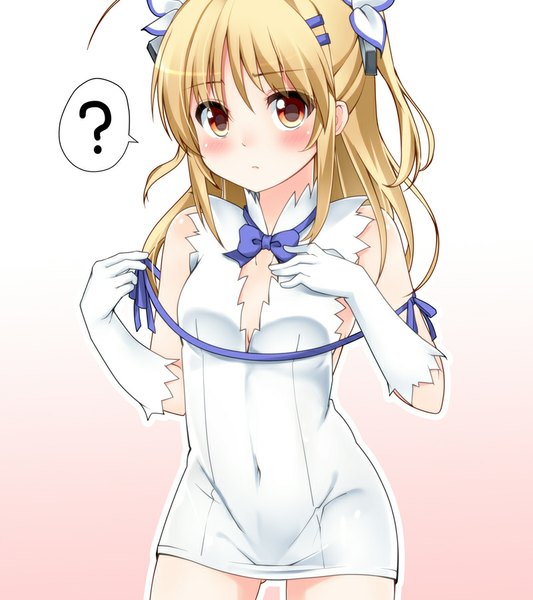 Anime picture 800x900 with yandere no onna no ko ni shinu hodo aisarete nemurenai cd nonohara nagisa madoushi s single long hair tall image blush light erotic blonde hair standing yellow eyes orange eyes two side up covered navel cosplay ? rei no himo hestia (danmachi) (cosplay) girl gloves