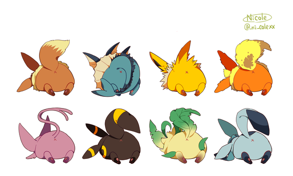 Anime picture 1200x720 with pokemon nintendo eevee umbreon espeon glaceon vaporeon leafeon flareon jolteon nicole (usako) simple background wide image white background signed tail from behind group sleeping multiple tails