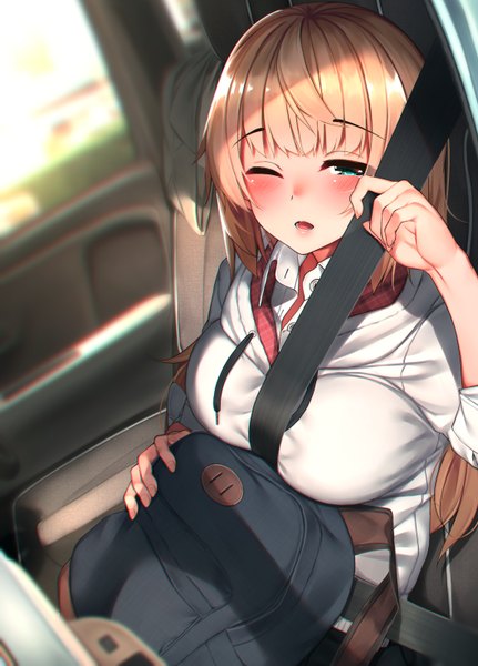 Anime picture 1058x1471 with original waterdog single long hair tall image looking at viewer blush breasts open mouth light erotic blonde hair large breasts sitting green eyes payot one eye closed fingernails depth of field ;d car interior