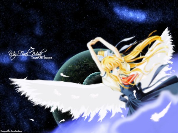Anime picture 1600x1200 with air key (studio) kamio misuzu girl ribbon (ribbons) wings feather (feathers)