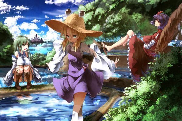 Anime-Bild 1920x1280 mit touhou kochiya sanae moriya suwako yasaka kanako ibuki notsu long hair highres short hair breasts open mouth blonde hair red eyes large breasts sitting multiple girls green eyes purple hair traditional clothes aqua eyes green hair