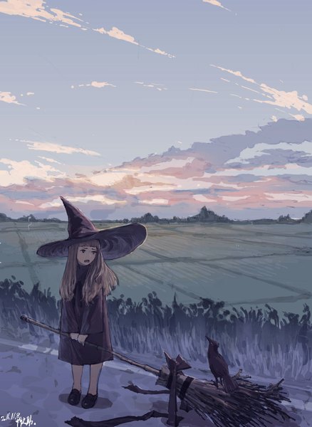 Anime picture 1900x2600 with original zennosuke long hair tall image highres open mouth blonde hair standing signed sky cloud (clouds) outdoors dated evening witch field girl ribbon (ribbons) hat animal
