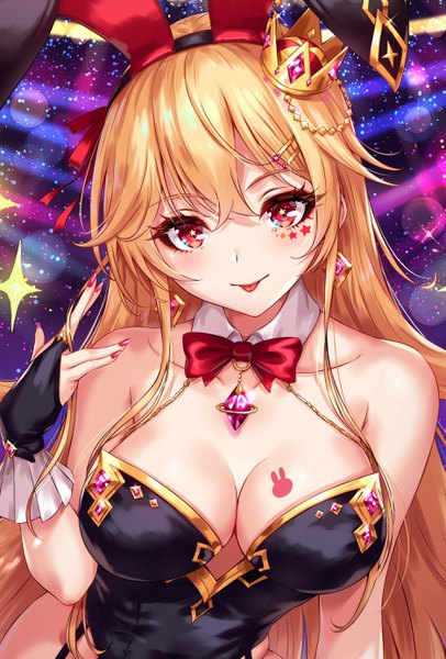 Anime picture 1875x2766 with original sakiyamama single long hair tall image looking at viewer blush fringe highres breasts light erotic blonde hair smile hair between eyes red eyes large breasts signed animal ears payot cleavage