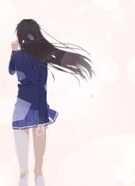 Anime picture 1600x2200 with original ame nochi ame single long hair tall image black hair standing pleated skirt wind from behind bare legs lens flare adjusting hair pink background girl skirt uniform school uniform petals