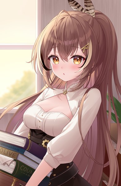Anime picture 978x1500 with virtual youtuber hololive hololive english nanashi mumei nanashi mumei (1st costume) moorina single long hair tall image blush fringe hair between eyes brown hair cleavage upper body ahoge ponytail girl window book (books)