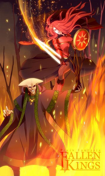 Anime picture 742x1240 with original pixiv fantasia pixiv fantasia fallen kings hira taira long hair tall image fringe open mouth smile red eyes red hair hair over one eye battle girl boy weapon sword boots cape fire