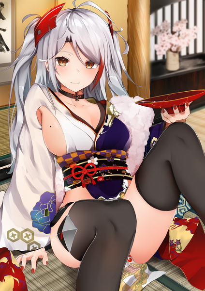 Anime picture 1518x2150 with azur lane prinz eugen (azur lane) prinz eugen (dance of a hundred flowers) (azur lane) ikashun single long hair tall image looking at viewer blush fringe breasts light erotic smile hair between eyes large breasts sitting holding brown eyes cleavage silver hair