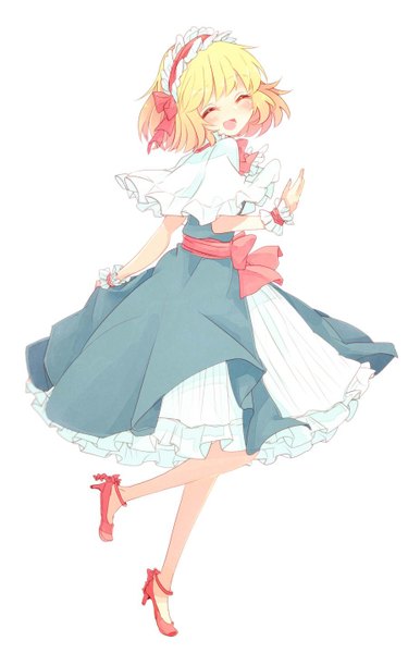 Anime picture 900x1440 with touhou alice margatroid aoi (annbi) single tall image blush fringe short hair open mouth simple background blonde hair white background full body bent knee (knees) eyes closed happy leg lift (legs lift) ^ ^ girl dress