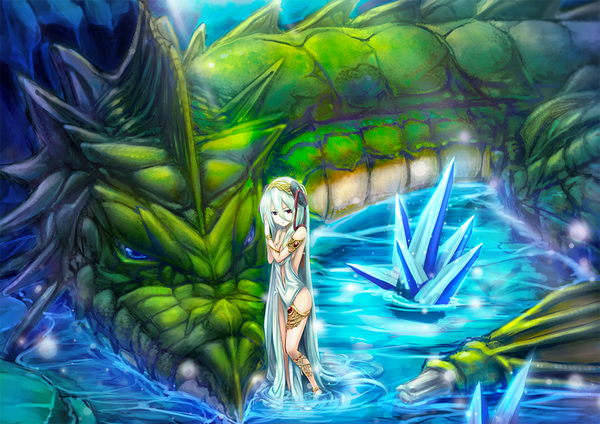 Anime picture 1023x723 with original soranopin single looking at viewer blue eyes light erotic red eyes bare shoulders blue hair very long hair barefoot sunlight girl hair ornament water dragon monster
