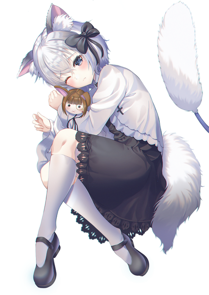 Anime picture 1488x2105 with original hyonee single tall image looking at viewer blush fringe short hair blue eyes simple background hair between eyes standing white background holding animal ears silver hair full body tail long sleeves head tilt