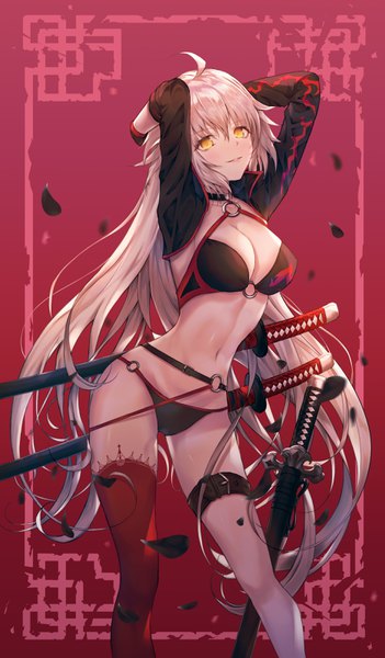 Anime picture 1865x3187 with fate (series) fate/grand order jeanne d'arc (fate) (all) jeanne d'arc alter (fate) jeanne d'arc alter (swimsuit berserker) (fate) siete (artist) single long hair tall image looking at viewer blush fringe highres breasts light erotic simple background smile hair between eyes large breasts yellow eyes