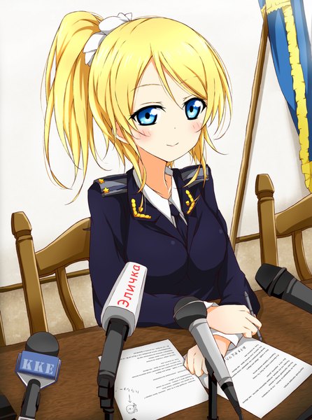 Anime picture 743x1000 with love live! school idol project sunrise (studio) love live! ayase eli single long hair tall image looking at viewer blush fringe breasts blue eyes smile sitting holding ponytail cosplay girl hair ornament shirt