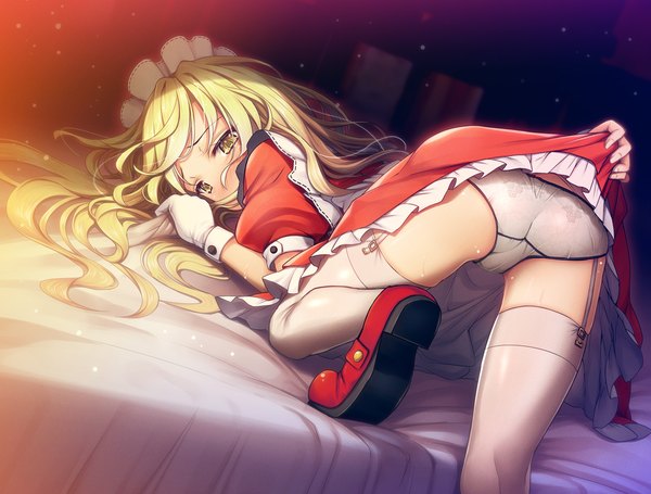 Anime picture 1600x1214 with touhou yumeko chima q single long hair looking at viewer blush fringe light erotic blonde hair yellow eyes bent knee (knees) ass indoors looking back from behind maid skirt lift covered mouth dress lift