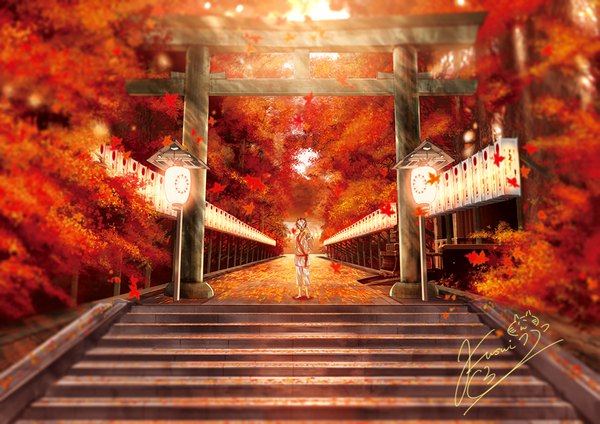 Anime picture 1000x707 with original fusui single short hair standing signed outdoors traditional clothes japanese clothes barefoot sunlight autumn leaf (leaves) mask lamp autumn leaves torii fox mask