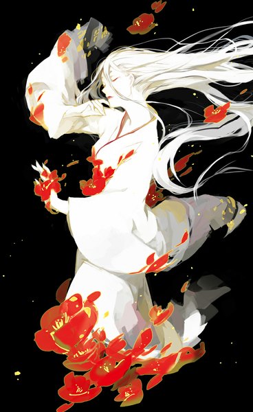 Anime picture 700x1142 with original noir (ibaraki) single long hair tall image simple background white hair eyes closed traditional clothes japanese clothes wind lipstick black background girl flower (flowers) petals kimono