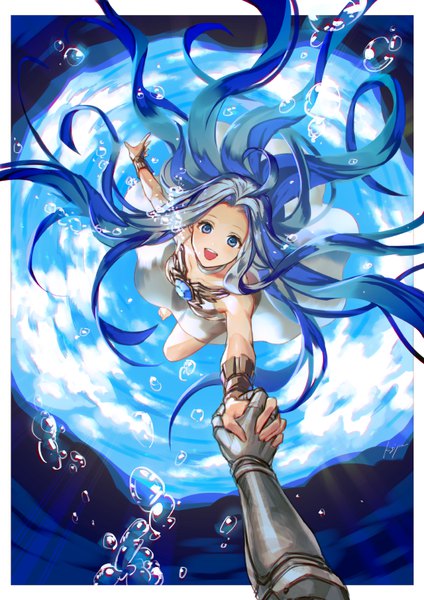 Anime picture 566x800 with granblue fantasy gran (granblue fantasy) lyria (granblue fantasy) kishiyama tall image looking at viewer blush open mouth blue eyes smile bare shoulders blue hair bent knee (knees) very long hair from below outstretched arm holding hands underwater pov girl