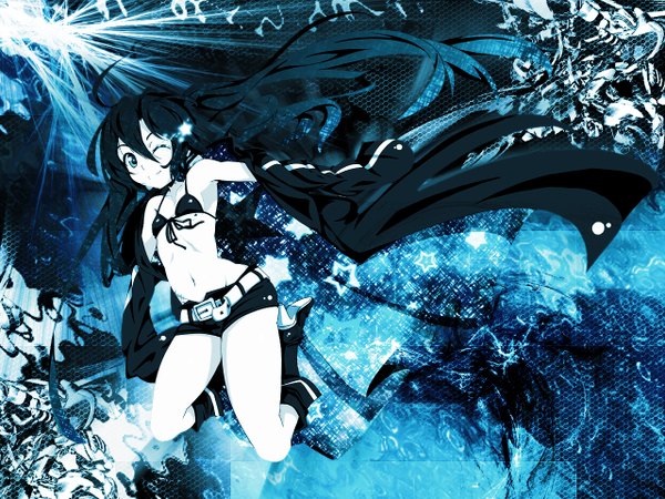 Anime picture 1280x960 with black rock shooter black rock shooter (character) diaboliku (artist) single long hair blue eyes black hair smile twintails ahoge one eye closed wink midriff scar girl shorts belt cloak bikini top