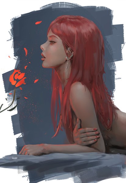 Anime picture 3571x5194 with ghost blade lenia wlop single long hair tall image highres open mouth light erotic red eyes bare shoulders absurdres red hair nail polish profile realistic reclining girl flower (flowers) earrings