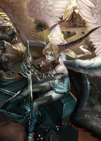 Anime picture 998x1400 with original hako (mypixid) long hair tall image blonde hair sitting multiple girls green eyes lying horn (horns) pointy ears white wings multiple wings girl thighhighs dress weapon 2 girls sword wings