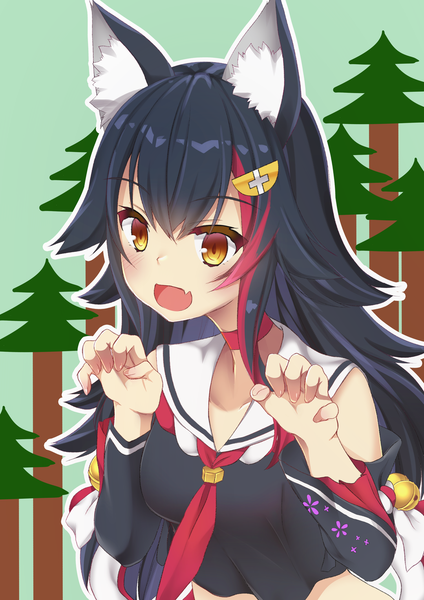 Anime picture 1080x1527 with virtual youtuber hololive ookami mio ookami mio (1st costume) lapsuswolf single long hair tall image fringe open mouth black hair simple background smile hair between eyes animal ears yellow eyes looking away upper body :d multicolored hair