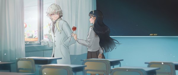 Anime picture 2002x850 with precure delicious party precure toei animation kasai amane narcistoru shioremon long hair fringe highres black hair hair between eyes wide image silver hair indoors profile low ponytail hand in pocket eye contact arm behind back classroom