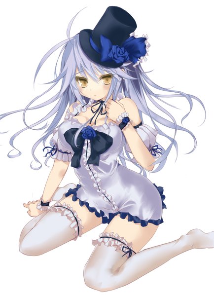 Anime picture 1144x1580 with original minchi (lordofthemince) single long hair tall image simple background white background sitting yellow eyes blue hair girl thighhighs dress bow hat white thighhighs