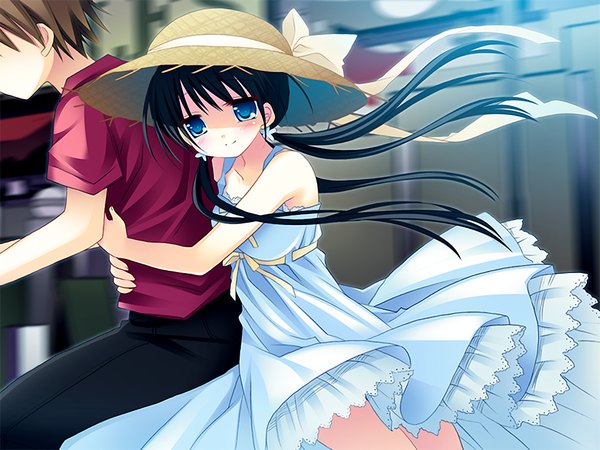 Anime picture 1024x768 with natsu yuki - summer snow sawatari natsuki long hair blue eyes black hair brown hair twintails game cg girl boy hat sundress